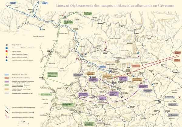Carte des lieux et des déplacements d'antifascistes allemands en Cévennes