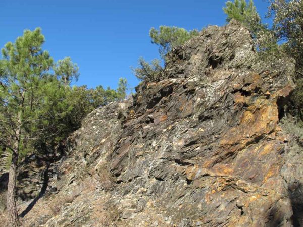 Micaschistes noirs déformés du col Saint-Pierre.