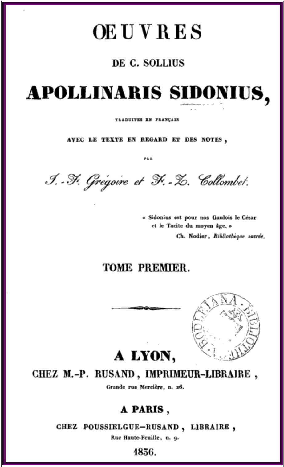 Les œuvres de Sidoine Apollinaire