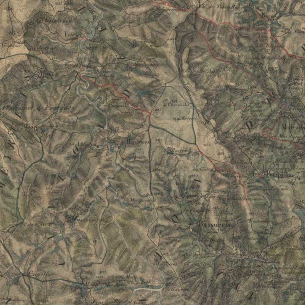Extrait de la carte d'État-Major des Cévennes illustrant le secteur du Pompidou, de la Can de l'Hospitalet et de la vallée du Tarnon.