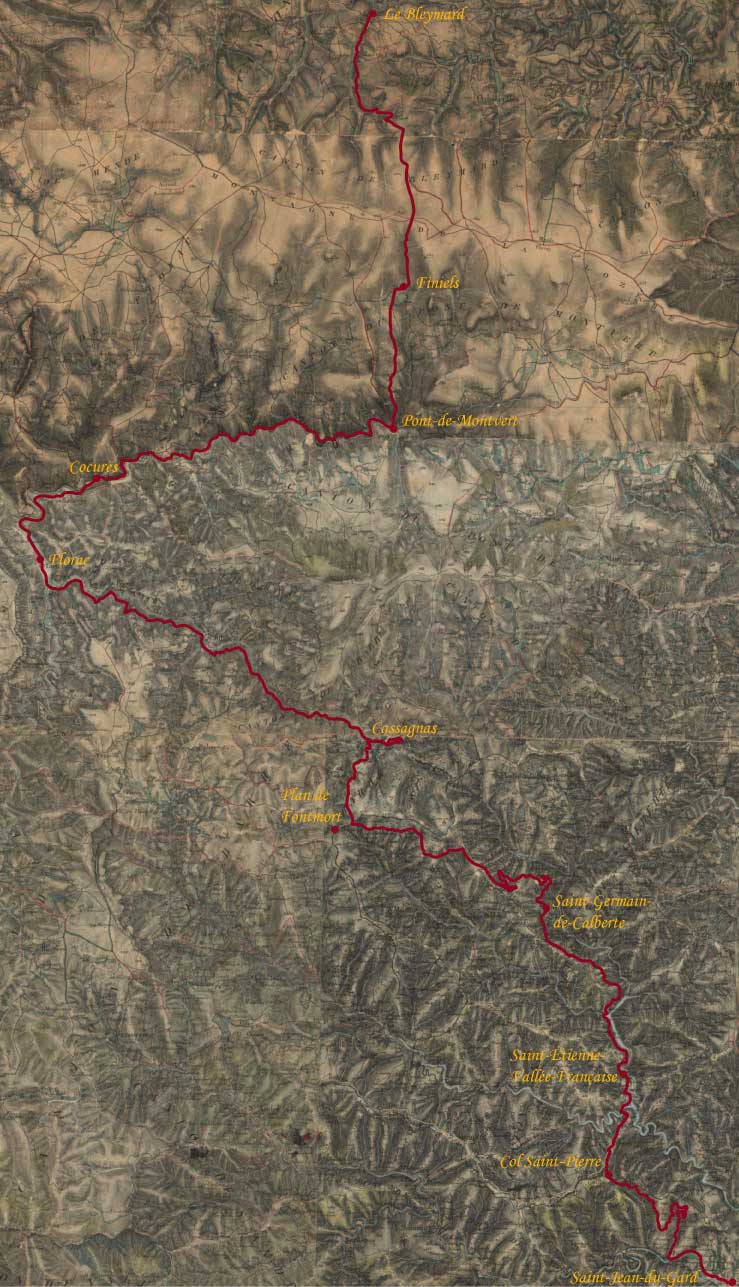 Carte d'Etat-Major de R.L. Stevenson pour son voyage à travers les Cevennes avec un ane