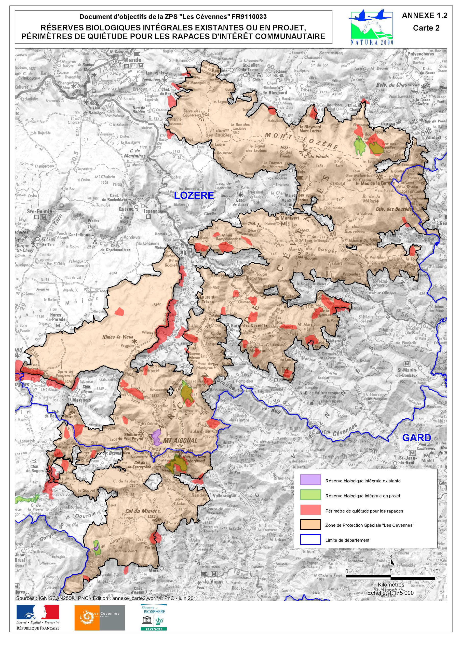 Carte des réserves biologiques integrales (RBI) existantes ou en projet au sein du Parc national des Cevennes