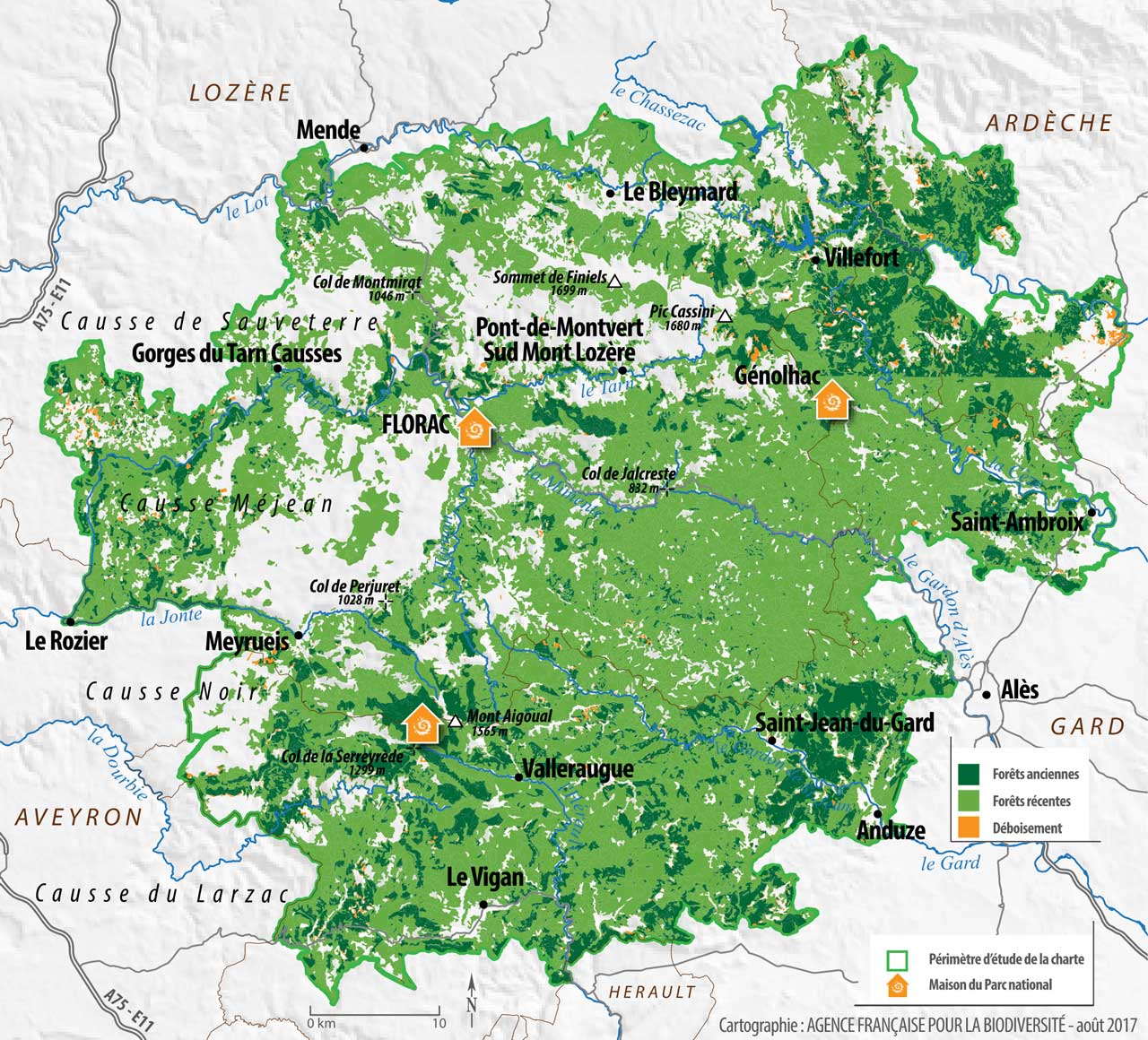 Carte des forêts anciennes du Parc national des Cevennes - août 2017