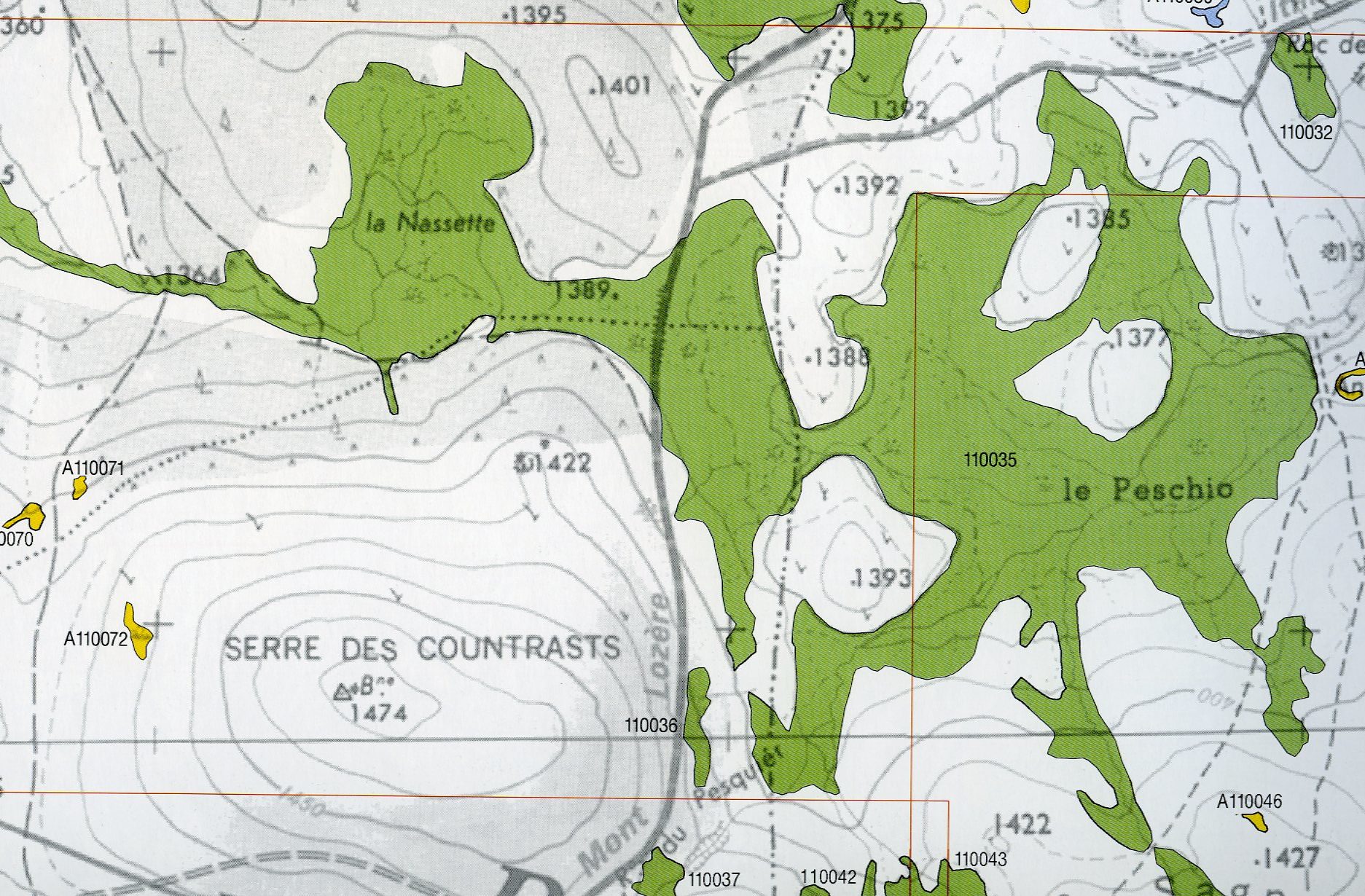 Carte des tourbières du Peschio et des Nassettes sur le mont Lozère issue de l'Atlas des zones humides du mont Lozère (PNC, 2000).